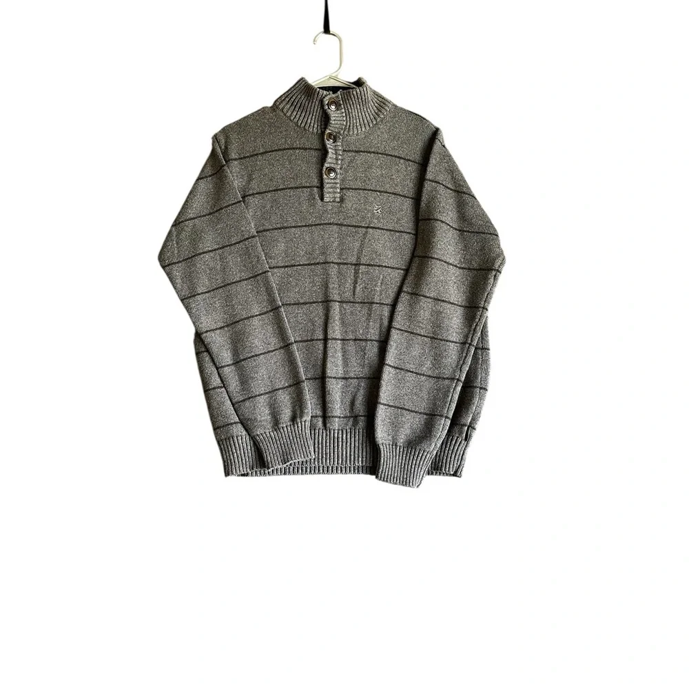 Izod Men's Charcoal Striped Sweater Preppy, Cozy, Button Collard SZ L